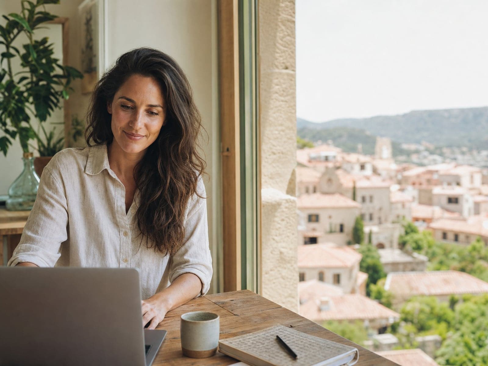 Frau am Laptop in einer sonnigen Wohnung im Ausland