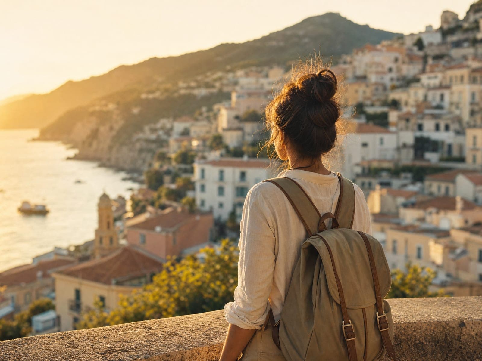 Reisende mit Rucksack blickt über eine Küstenlandschaft