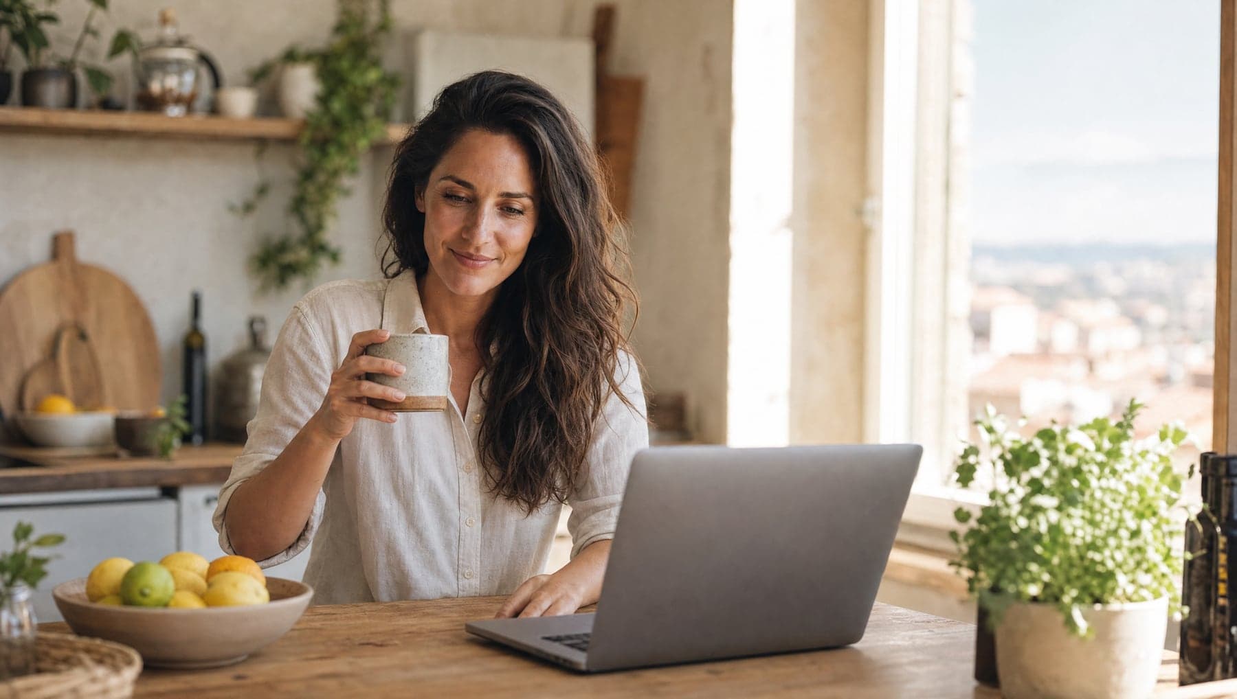 Frau am Laptop in einer sonnigen Küche im Ausland