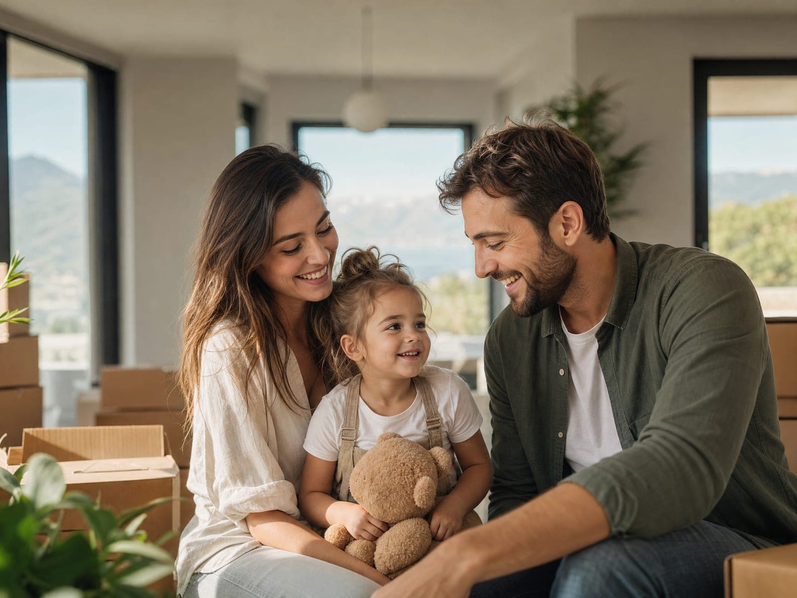 Junge Familie mit Kind zwischen Umzugskartons im hellen neuen Zuhause im Ausland