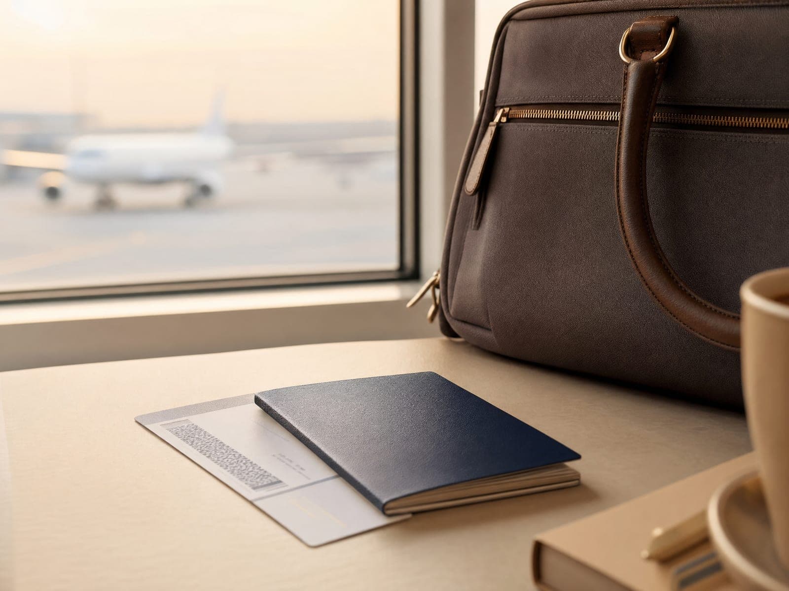 Reisepass mit Bordkarte und Businesstasche an einem Flughafenfenster, dahinter ein Flugzeug