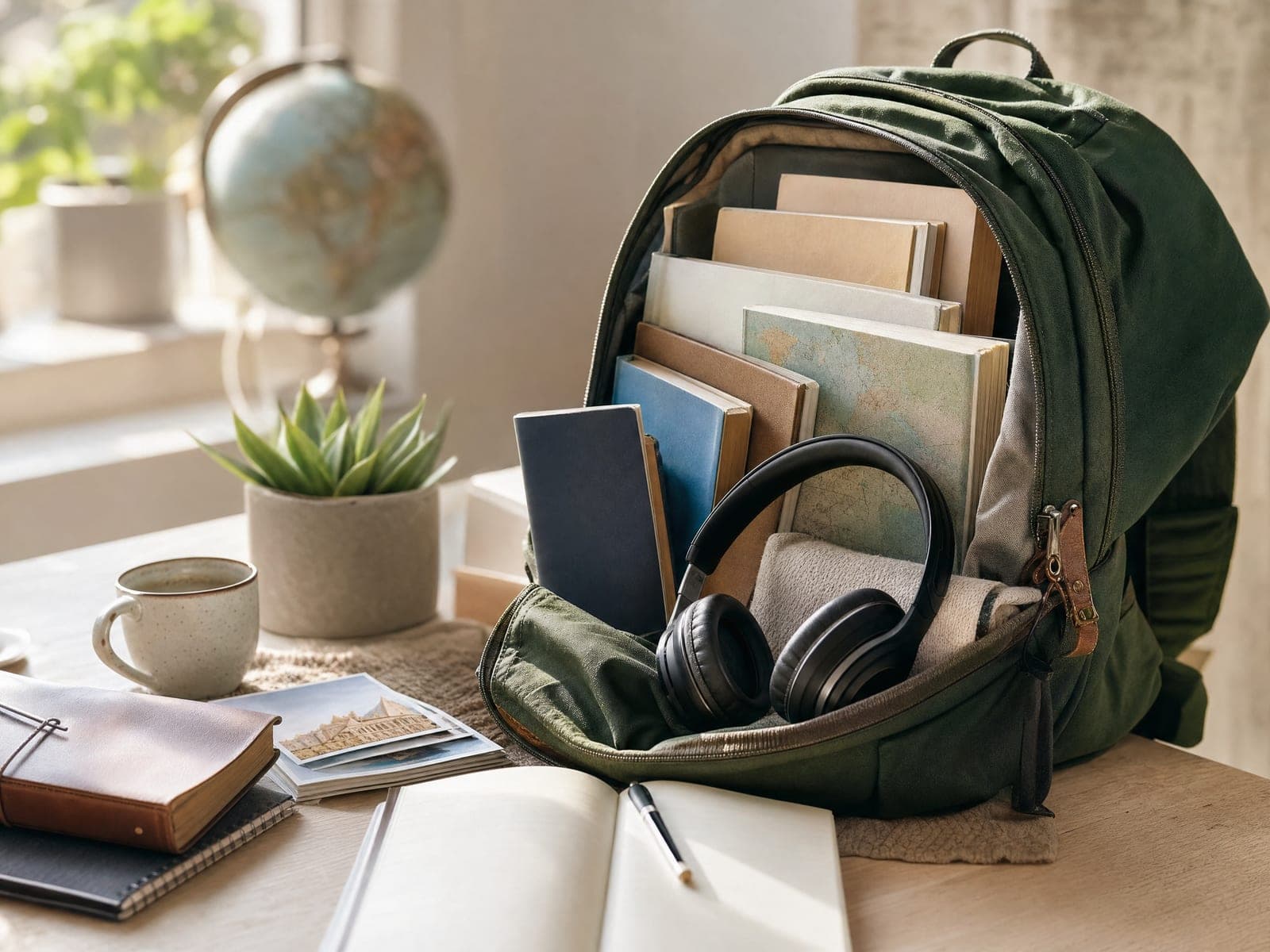 Gepackter Rucksack mit Büchern, Globus und Notizbuch auf einem Schreibtisch
