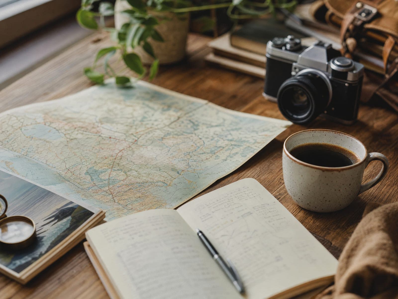 Schreibtisch mit Reisekarte, Notizen und einer Tasse Kaffee