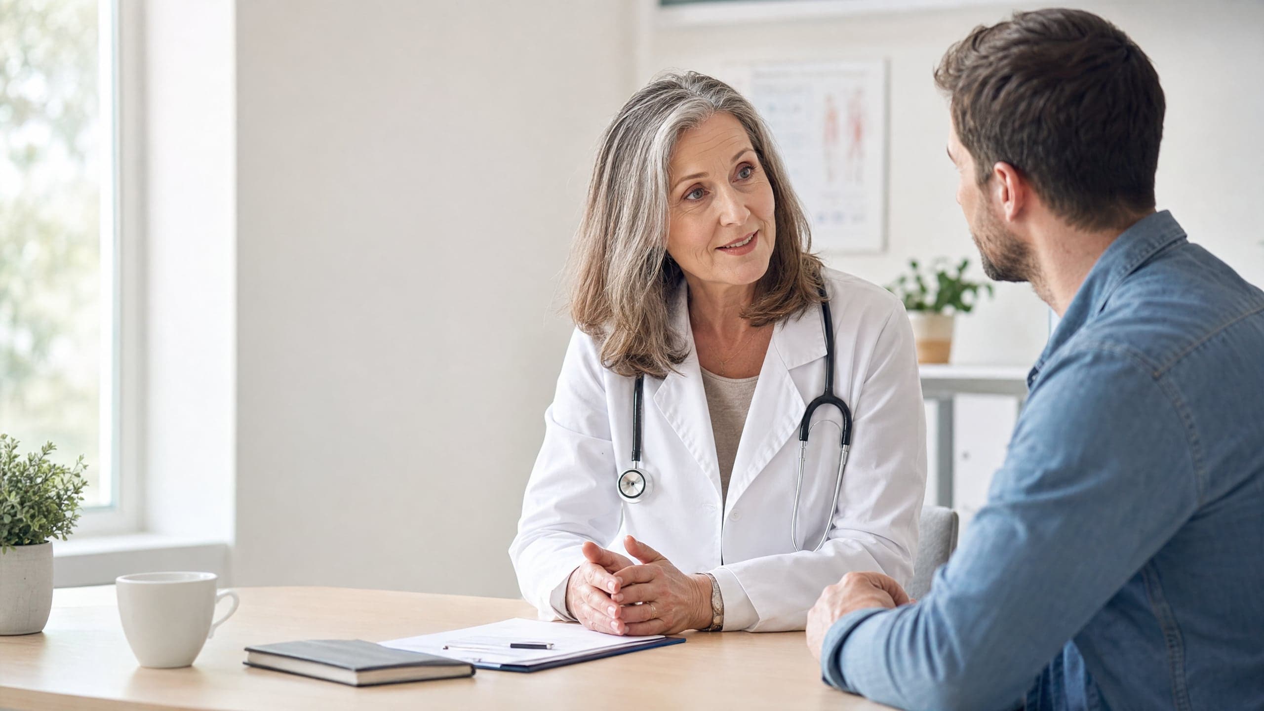 Ärztin im Gespräch mit Patient in heller Praxis